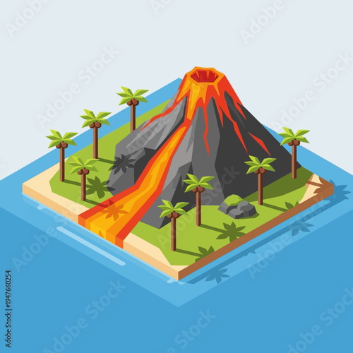 Isometric illustration of a volcanic island with flowing lava, palm trees, and ocean.