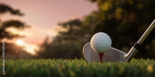 The golf ball on a red tee with iron club at sunset on fairway
