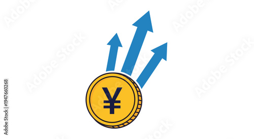 Large gold yen coin with three blue arrows pointing upwards represents the growth of japanese currency and positive financial market trends.