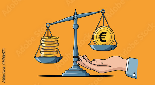 Scales of justice held by a businessman hand balancing multiple gold coins against a single euro coin symbolizes economic value and parity.