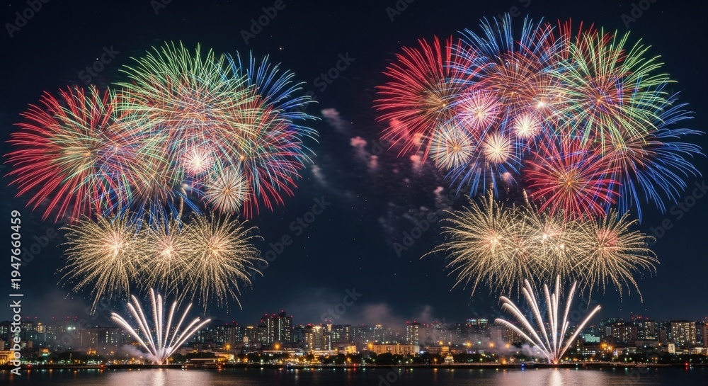 Fototapeta premium Spectacular Fireworks Display Over City Skyline at Night.