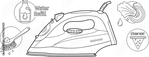 Black and white steam iron illustration with maintenance icons showing water refill, cleaning and steam vent for household vector design projects