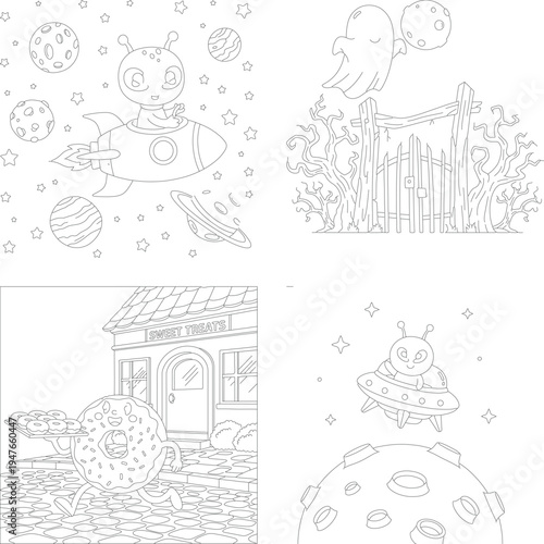Fun kids coloring book: cute alien spaceship, haunted house, donut shop, and alien ufo moon landing, line art illustration