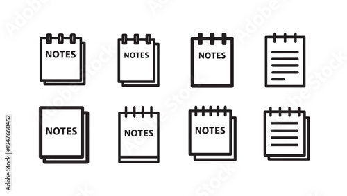 Set of notepad icons with spiral binding and lined pages on white background