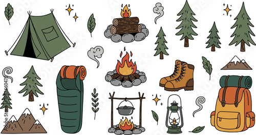 Hand Drawn Camping Adventure Vector Set with Tent Campfire Backpack Sleeping Bag Lantern Trees Mountains Outdoor Hiking Elements Collection