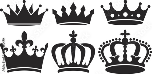 Crown silhouette vector icon set with royal tiara and king queen symbols for luxury branding