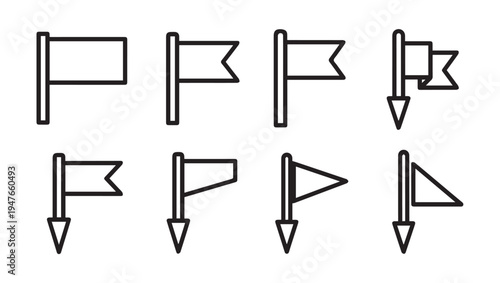 Set of Outline Flag Icons: Rectangular Pennant Triangular Shapes on Poles