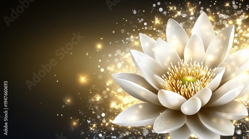 White flower shines with gold sparkles elegant white blossom adorned with golden glitter