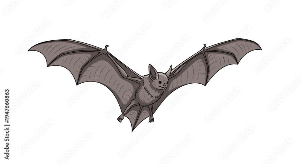 Fototapeta premium Realistic illustration of a brown bat with its large wings fully spread in flight against a plain white background for wildlife education.