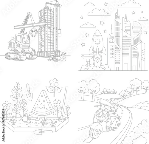 Mountain river and bridge town, landscape coloring page for kids, scenic view illustration, black and white, line art, stone bridge