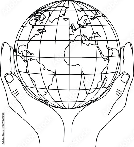 Hands holding globe illustration symbolizing global care, unity and responsibility for environmental and humanitarian vector design projects