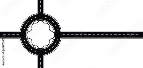 Roundabout Road Intersection with Central Island Top View Vector Illustration, Circular Traffic Junction Map Symbol with Four Way Streets