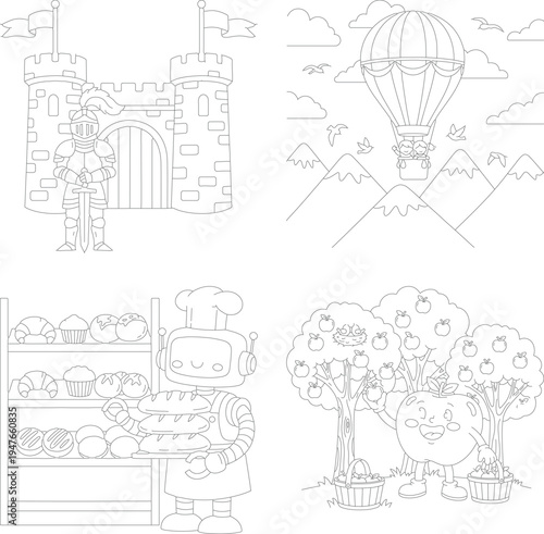 Enchanting kids coloring book: medieval knight castle, hot air balloon mountains, robot chef, and apple orchard, outline coloring page
