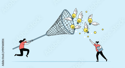 Creative team work concept where women use a giant net to catch flying lightbulbs with wings symbolizing the pursuit of bright new ideas.