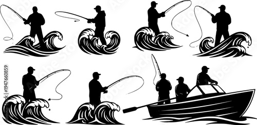 Set of silhouette fisherman. Collection of fishing man on the waves and of the boat. Emblem for fishing clubs. Vector illustration of sport hobby on white background