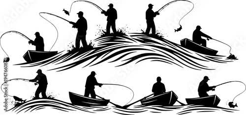 Set of silhouette fisherman. Collection of fishing man on the waves and of the boat. Emblem for fishing clubs. Vector illustration of sport hobby on white background