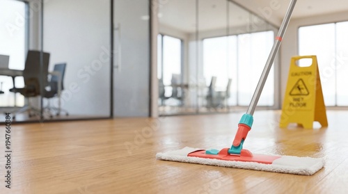 Modern workspace interior with wet wooden floor being mopped and a caution sign in background. Professional janitorial service, hygiene, sanitation, safety.