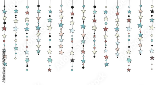 Decorative hanging garlands of colorful stars and dots on thin strings for party celebrations or nursery room decoration.