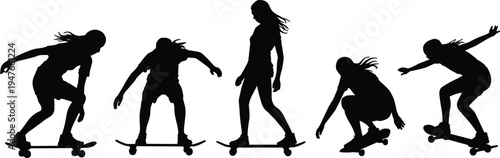 Skateboarder Silhouette Set Vector Illustration, Skateboarding Trick Poses Collection for Extreme Sports, Youth Lifestyle and Urban Street Activity Design