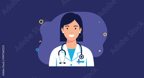 Professional female doctor avatar wearing a white lab coat and stethoscope against a dark blue background with abstract shapes.