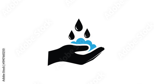 Hygiene and health safety concept showing a silhouette of a hand being washed with water droplets and blue soap bubbles.