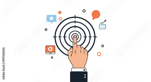 Targeted marketing strategy concept showing a business hand pointing at a bullseye target surrounded by various social media icons.