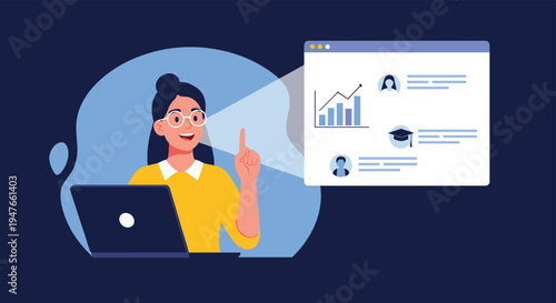 Knowledgeable woman with glasses working on her laptop with a floating digital window showing data charts and student profiles.