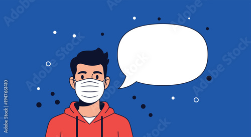 Young man wearing a protective face mask for health safety next to a blank speech bubble against a blue background with stars.