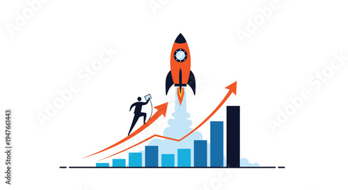 Business growth and achievement concept showing a professional climbing a bar chart next to a launching rocket ship.