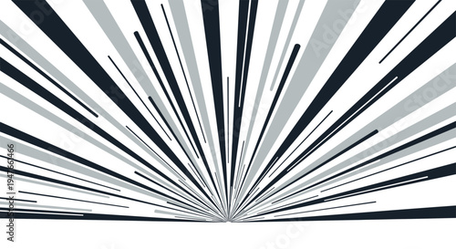 Dramatic black and gray starburst pattern with lines radiating from a bottom center point on a clean white background.