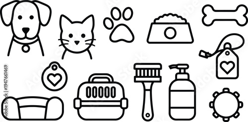 Domestic pet care and veterinary supply outline icons featuring dog and cat grooming tools