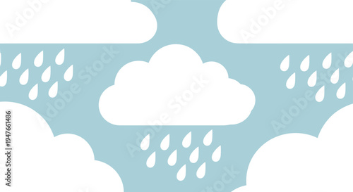 Rainy day seamless pattern featuring white clouds and falling blue raindrops on a light blue sky background for weather themes.