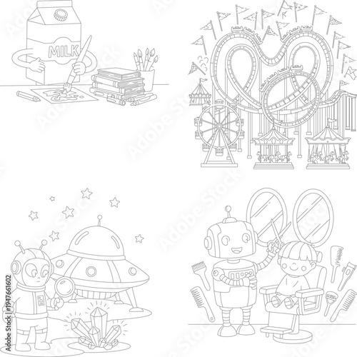 Fun coloring book illustrations: milk carton character, amusement park, alien ufo, and robot hair stylist scenes, ferris wheel