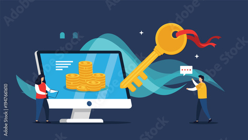 Online financial security concept features a computer screen with gold coins and a massive key signifying safety and wealth.