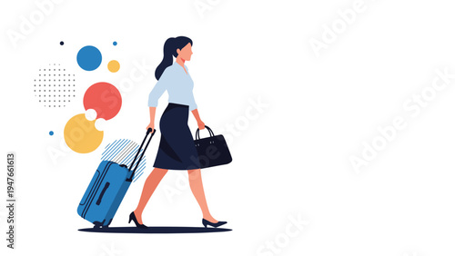 Confident businesswoman walks purposefully while pulling a blue suitcase and carrying a black handbag for her business trip.