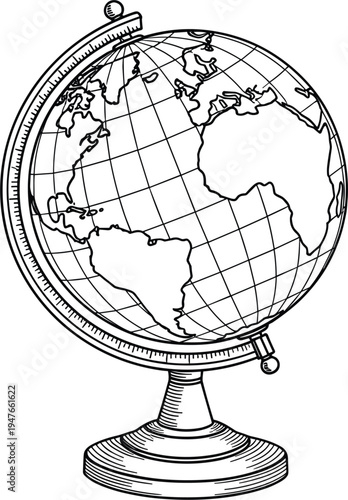 Black and white globe line drawing with latitude and longitude grid showing continents for geography and educational vector design projects