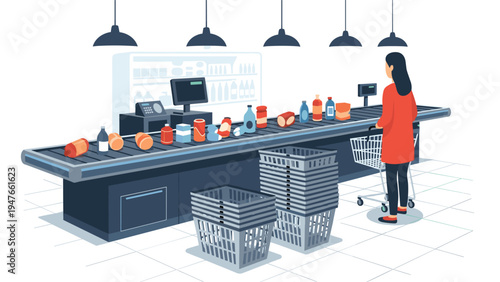 Customer stands at a modern supermarket checkout conveyor belt filled with various groceries and household items.