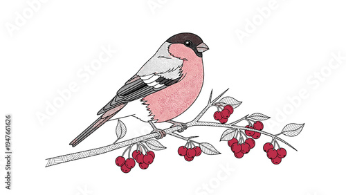 Beautiful bullfinch bird with its signature pink chest perches calmly on a thin branch adorned with ripe red berries.