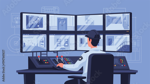 Professional security officer in a control room monitors multiple CCTV surveillance screens for safety and threat detection.
