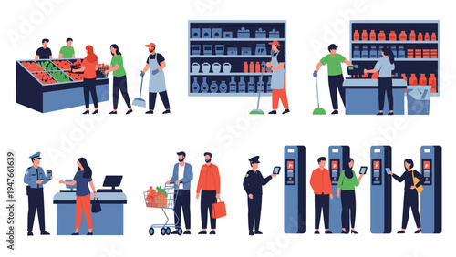 Diverse group of people shopping and working in modern grocery store with fresh produce, checkout counters, and security.
