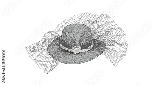 Elegant vintage style sun hat with wide brim, pearl decorative band, and delicate netting detail for summer fashion accessory.