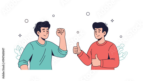 Two cheerful young men expressing success and approval through thumbs up and fist pump gestures against a simple white background.