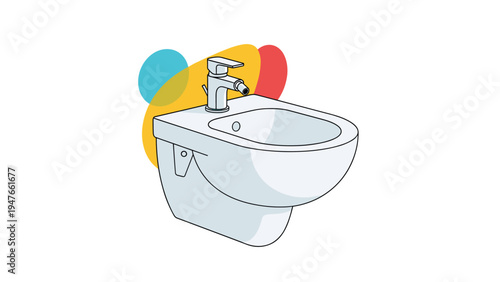 Minimalist wall mounted ceramic bidet with modern chrome faucet and colorful abstract shapes in the background for bathroom design.