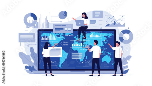 Global business team collaborating around a massive computer screen displaying a world map with financial data and analytics charts.