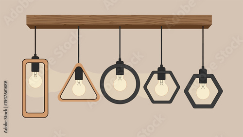 Five stylish modern pendant lights with various geometric frames hanging from a rustic wooden beam on a neutral tan wall.