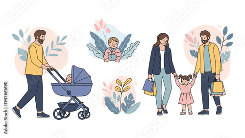 Family set showing members engaged in activities like shopping, walking with children, and pushing a baby stroller in a park.