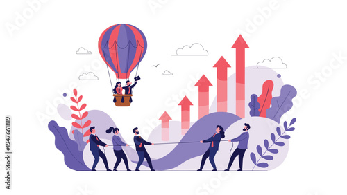 Corporate team participates in a competitive tug of war challenge against a backdrop of rising financial growth and success.