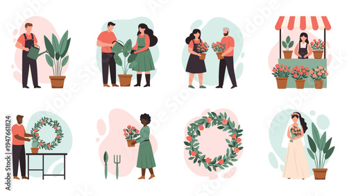 Diverse individuals enjoy various gardening activities like watering plants, arranging bouquets, and selling flowers at a market stall.