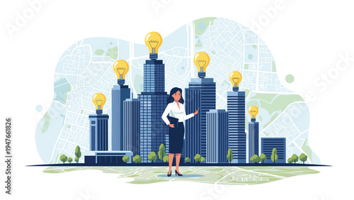 Professional businesswoman stands confidently before a cityscape where skyscrapers are topped with glowing lightbulb idea symbols.