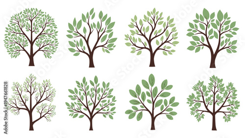 Diverse collection of eight stylized tree types with lush green foliage and brown trunks for environmental landscape design.